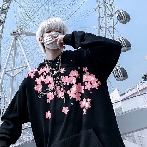 ping Chinese Style Cherry Blossom Hoodie Oversized Couple High Street  Hop Rock Band Sweatshirt Autumn Winter