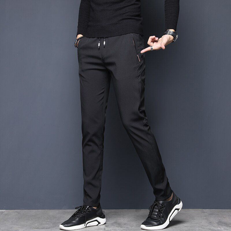 Spring Summer Casual Men's Pants Slim Fit Chinos Fashion Thin Zipper Pocket Elastic Waist Fast Dry Trousers Male Clothing
