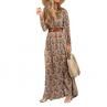 Boho Women V Neck Long Sleeve Paisley Print Belt High Split Party Maxi Dress