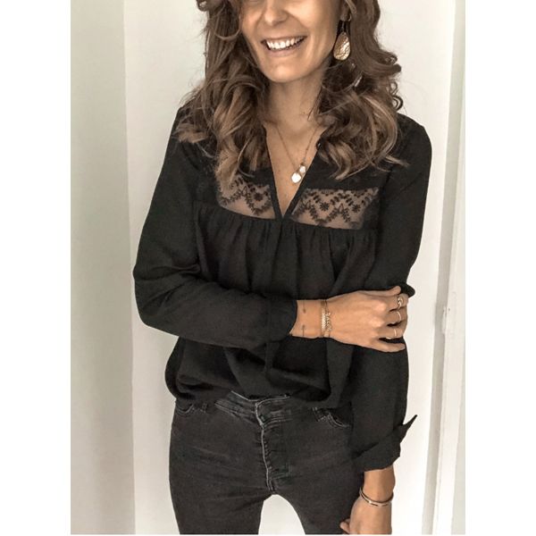 New Women Long Sleeve Lace Blouse Top Solid Color Basic V-Neck Pullover Top Autumn Winter