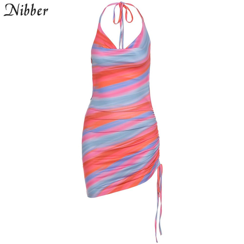 Nibber Sleeveless Multicolor Printing Cut Out Mini Wrap Dresses for Women's 2021 Summer s Beach Bodycon Elegant Dresses