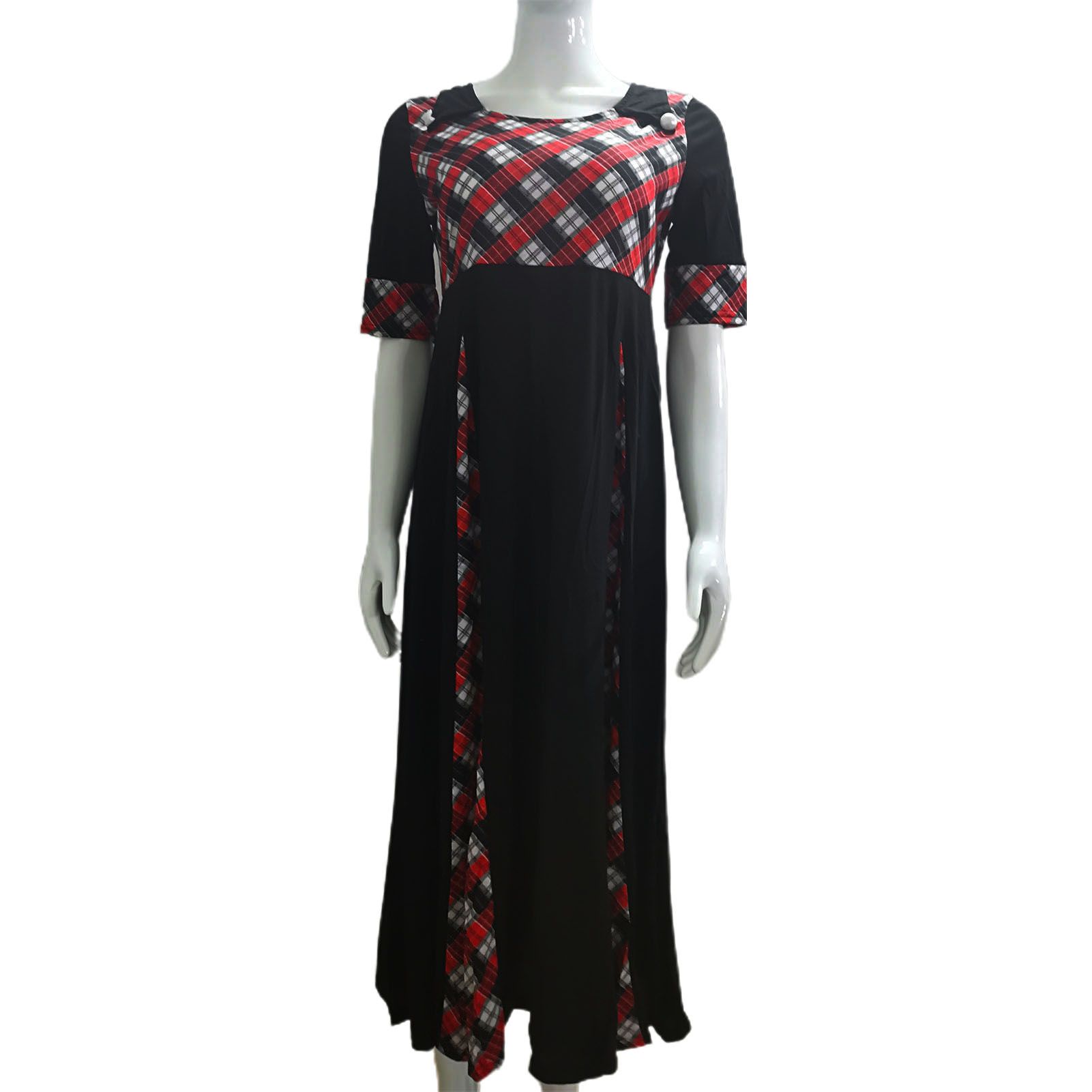 Party Dress Plaid Print Patchwork O-Neck Half Sleeve Pockets Women Dress
