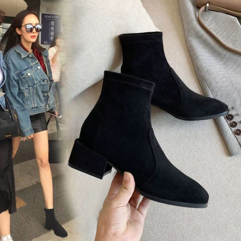 Spring and Autumn Boots Chunky Heel Ankle Boots Autumn and Winter All-Matching Martin Boots Thin Socks Small High Heel Women's Shoes