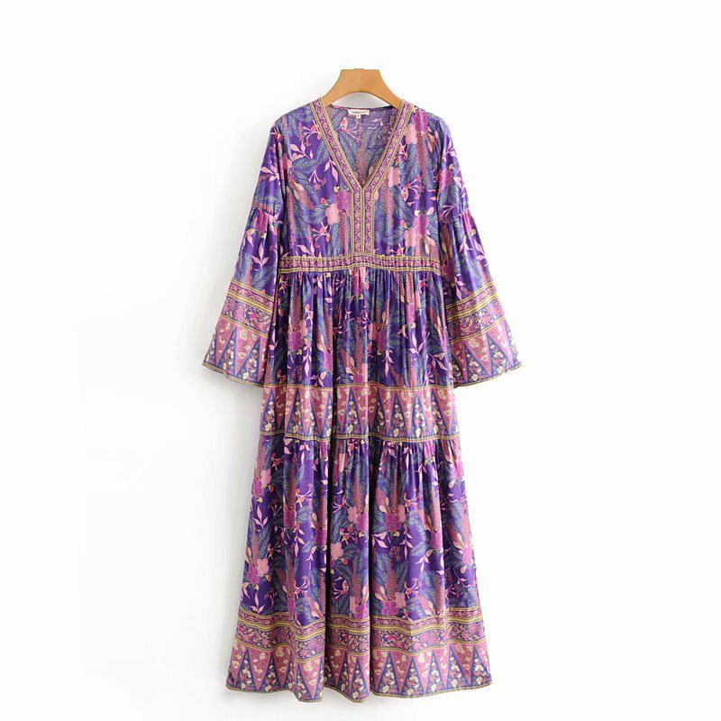 Vintage chic women purple floral print V-neck rayon beach Bohemian happie dress Ladies Tassel lace-up Summer Boho Maxi dress