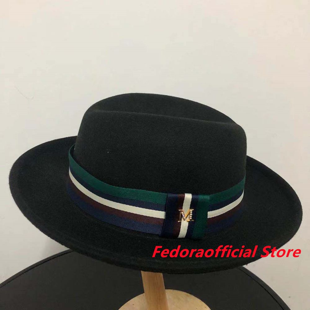 Wholesale price Fedora hat new oval hat top M logo green ribbon  winter men and women felt jazz hat шляпа женская