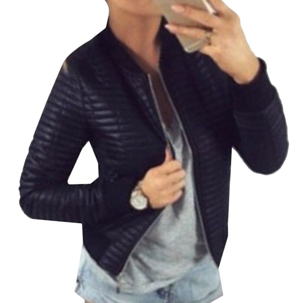 Spring And Autumn Women's Top Jacket Handsome All-match Zipper Cardigan Solid Color Short Long Sleeves Are Thin And Warm