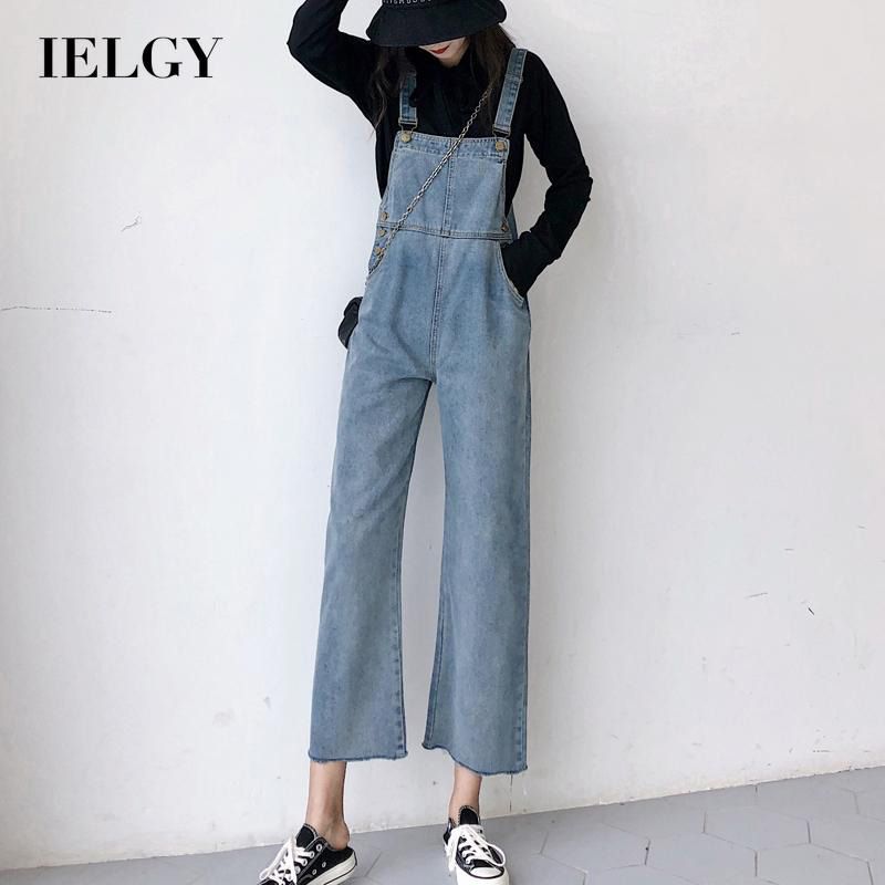 IELGY Women's pants fashionable loose straps thin straight versatile Korean denim high waist
