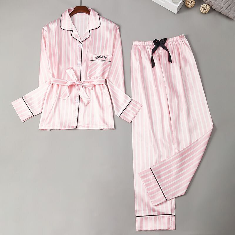 Faux Silk Women Pajamas Set 2 Pieces Satin Stripes Polka Dot Printed Sleepwear Long Sleeves Autumn Homewear