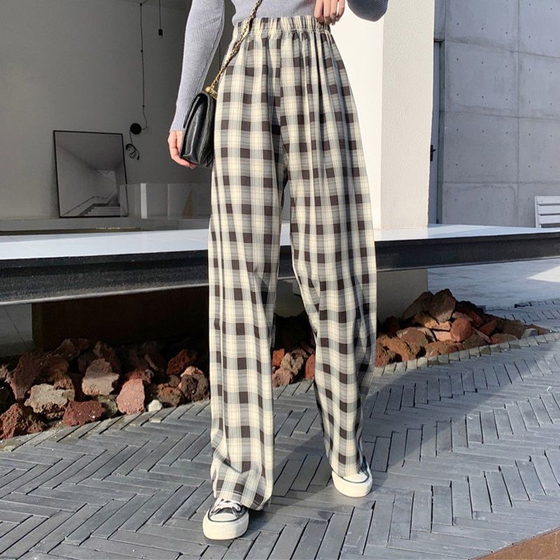 Plaid Pants Women Wide Leg Loose 4XL Plus Size Slacks Trousers Checkered High Elastic Waist All-match Girl Spring Casual