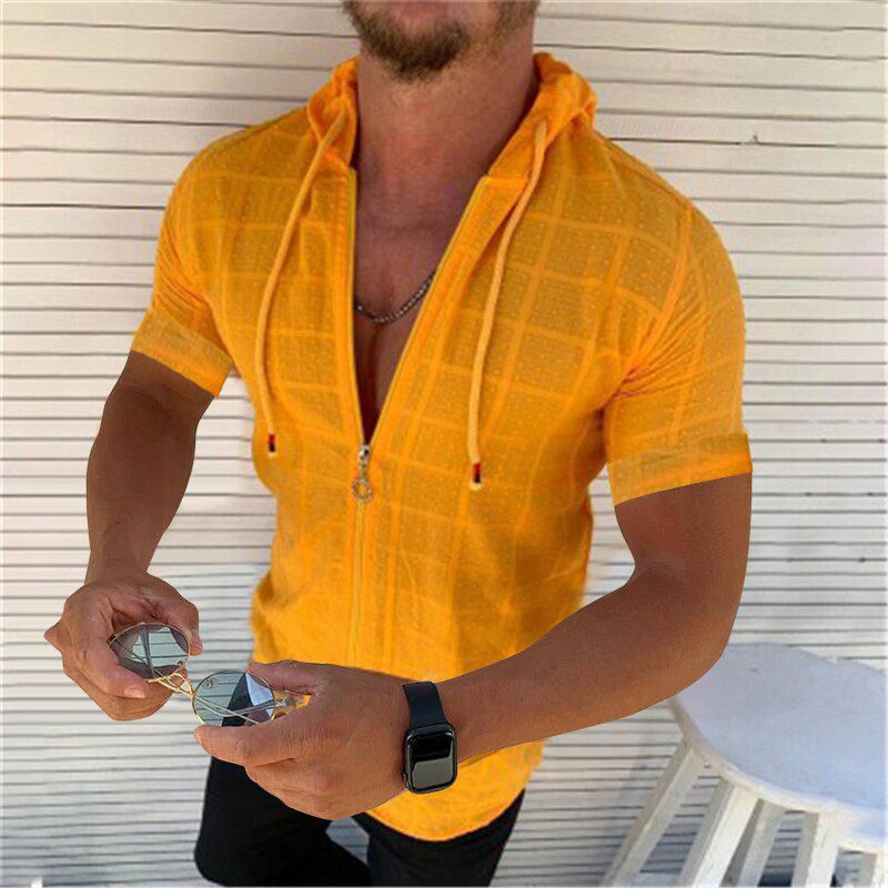 Summer European And American New Men's Casual Fitness Running Sports V-Neck Zipper Hooded Striped Shirt Loose