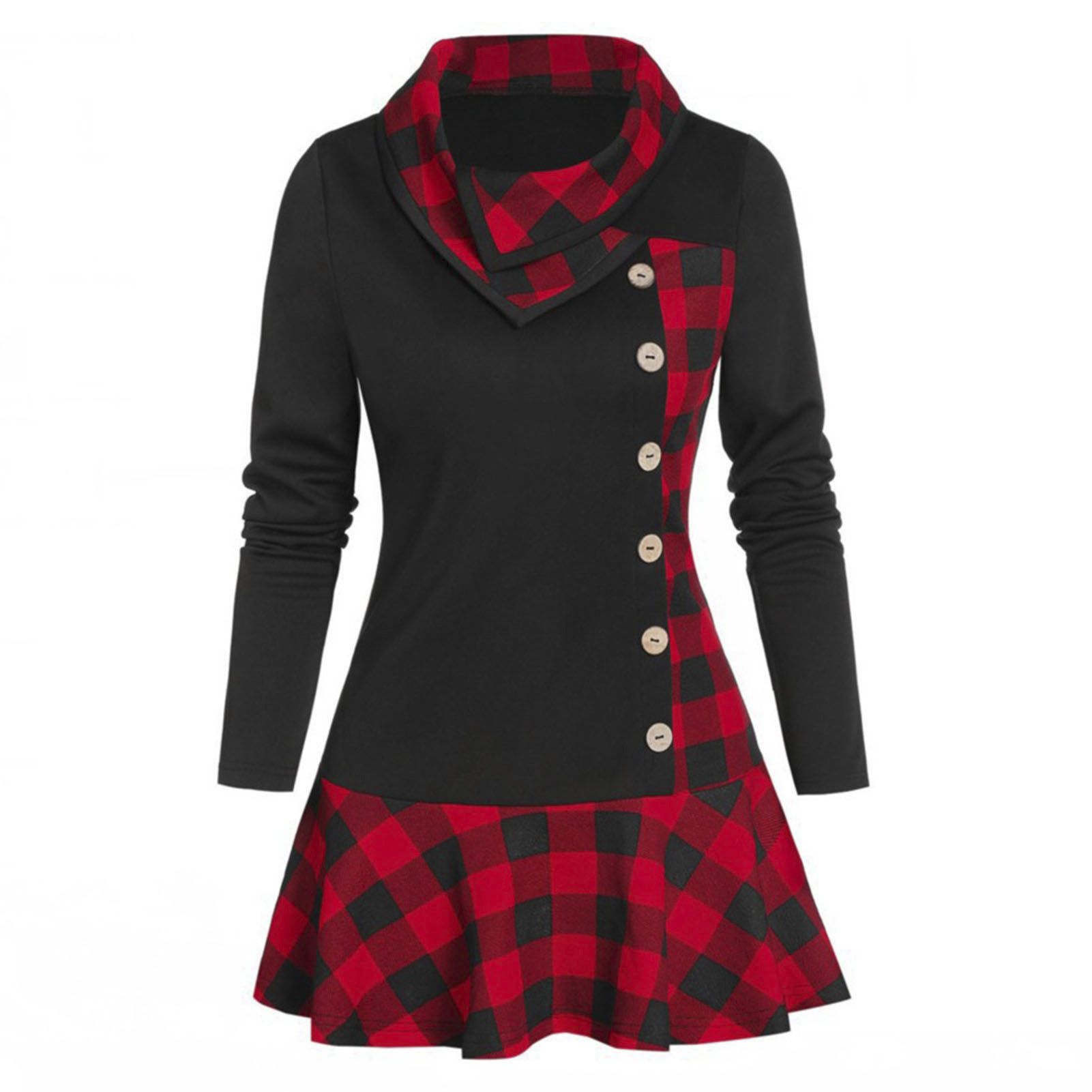 Mini Dress High Waist Buttons Decor Plaid Patchwork Party Dress