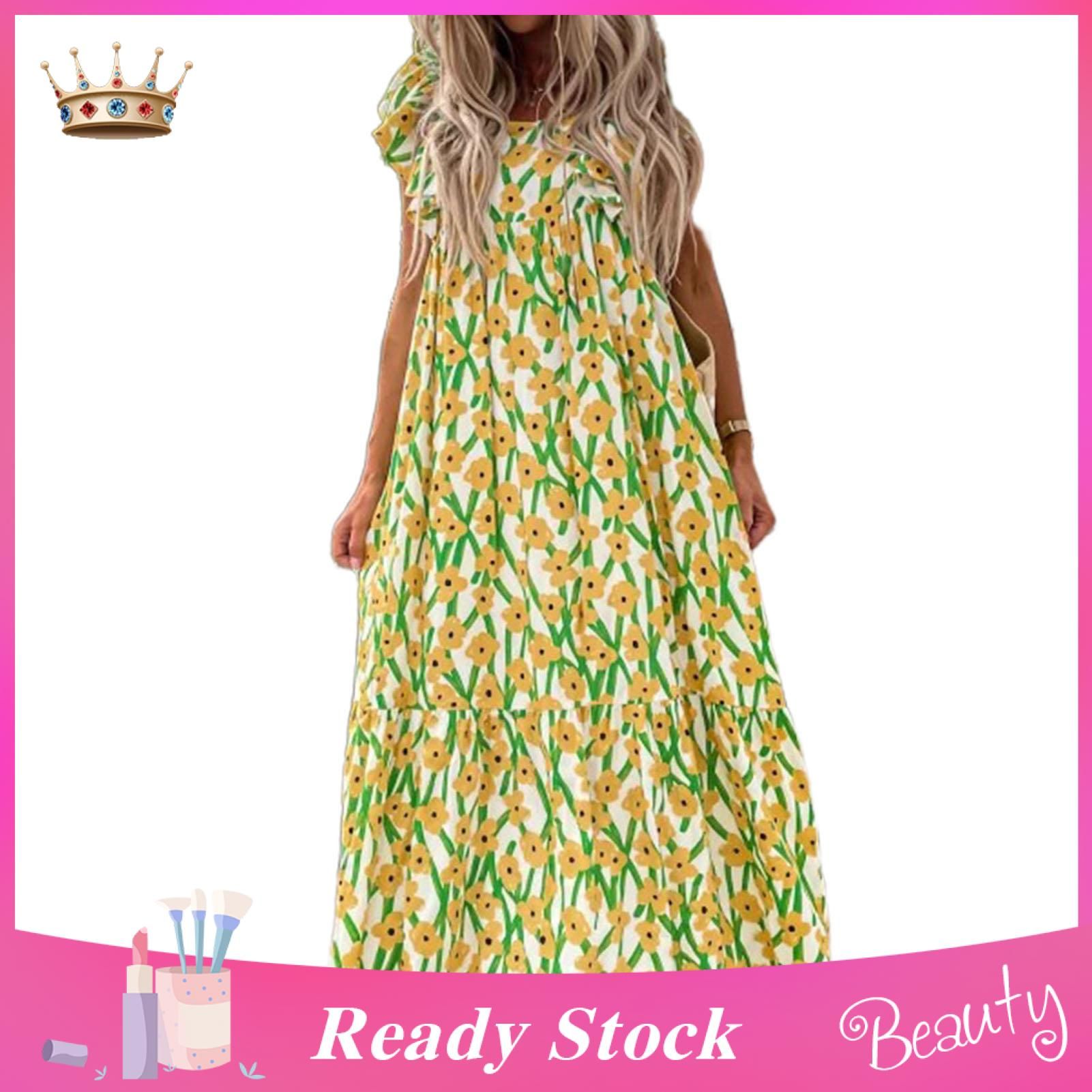 Long Dress Ruffled Sleeve Elegant Floral Print Women Dress