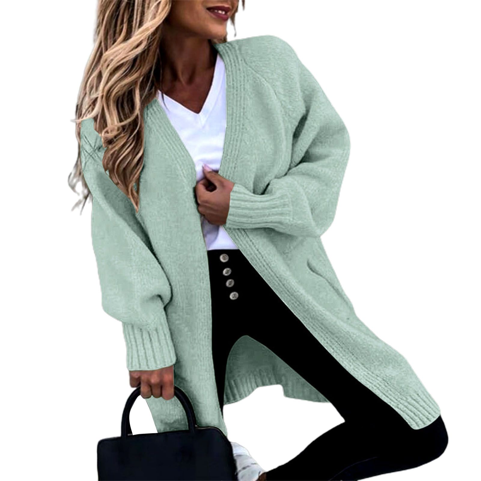 Knitted Coat Long Sleeve Pockets Solid Color Sweater Coat