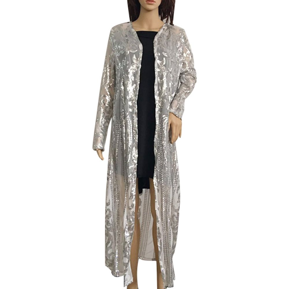 Evening Party Women Sexy Sequin Perspective Long Sleeve MaxiCoat Gown Cardigan