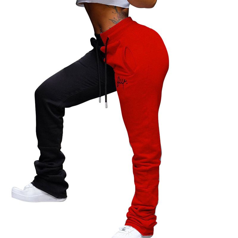 Female Stacked Sweatpants Women Drawstring Streetwear Patchwork Colored Pants High Waist Casual Trousers