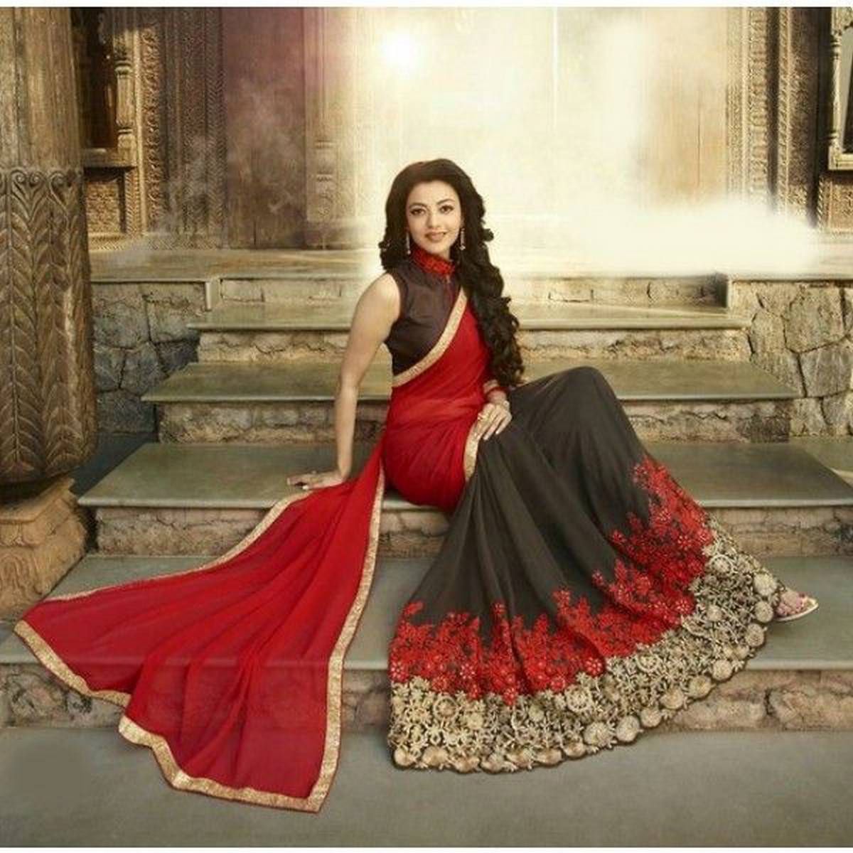 Indian Weightless Georgette Saree Red And Brown Color High Quality Embroidery Work On Blouse