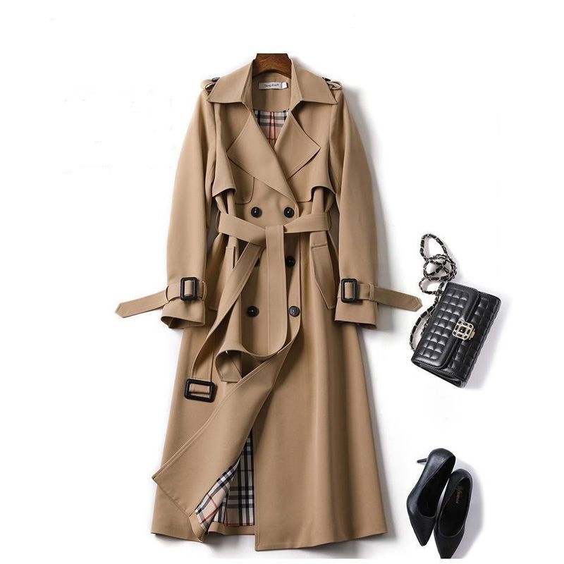 Women Windbreaker Jacket with Plaid lining, Medium-length Large-sized and Medium-thick Lady Coat, Loose Jacket