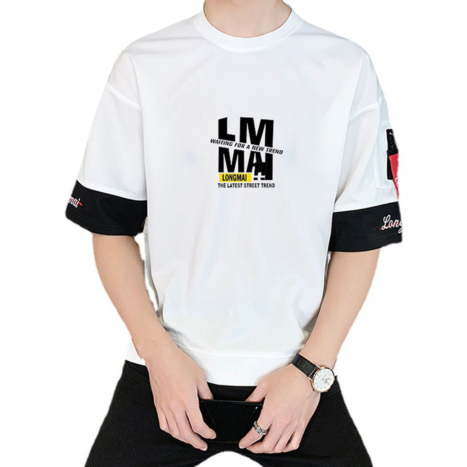 Men T-shirt Letters Print Half Sleeve Streetwear Round Neck Loose Top for Dating