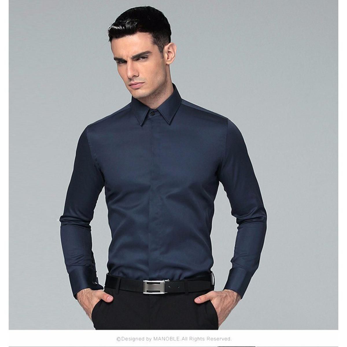 High Quality Men's Dress Shirt 2019 BraNew Fashion Regular Fit Shirts Business Long Sleeve with Cufflink Solid Color