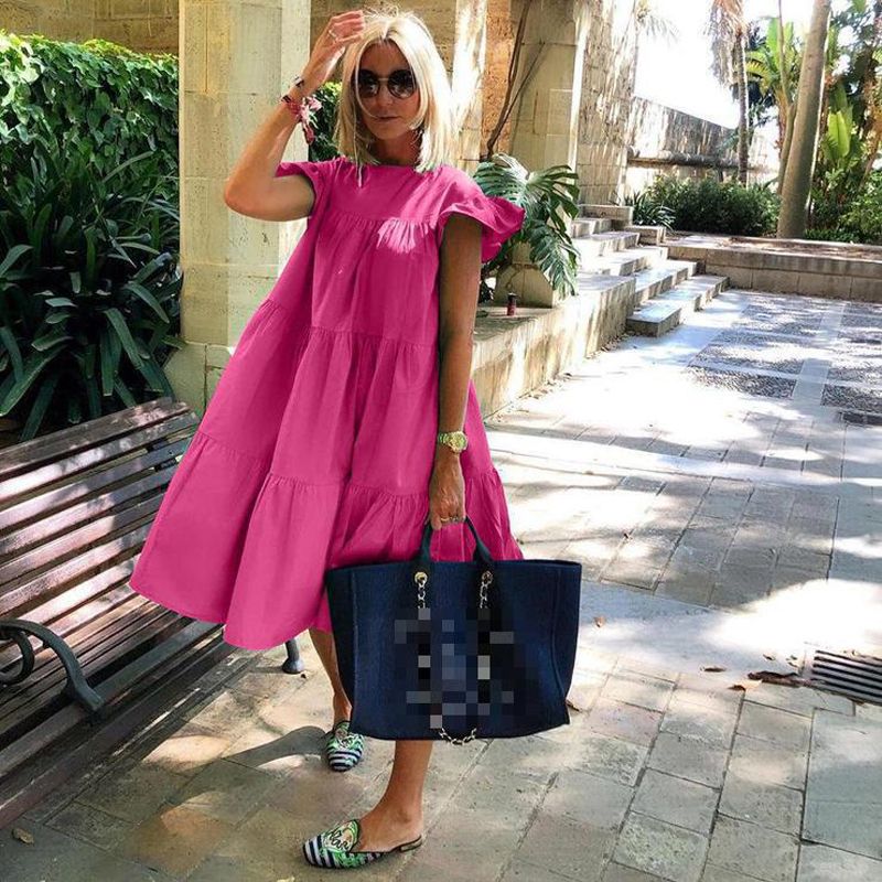 Z-ZOUX Women Dress Short Sleeve Pleated Long Dresses Fashion Bohemian Dress Solid Loose Summer Dresses Plus Size White Black New