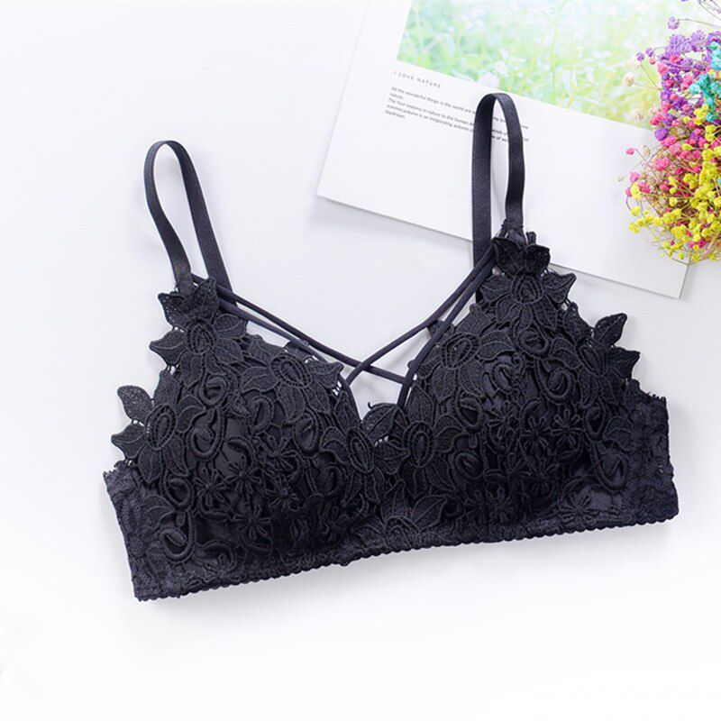 TEXIWAS  Floral Lace bralette  cross bandage lace bra Crop Top Women Underwear lingerie deep V Active bra women brassiere