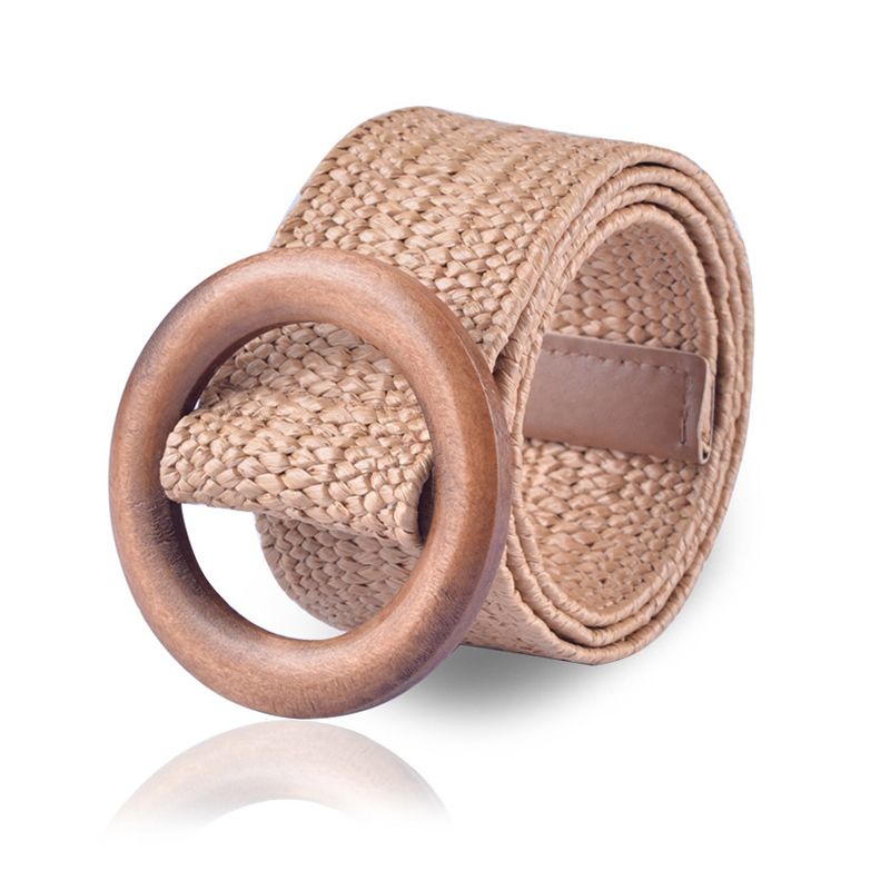 Round Wooden Buckle Dress Belt For Women Casual Female Braided Wide Strap Female Designer Woven Girls Elastic PP Straw Belts 111