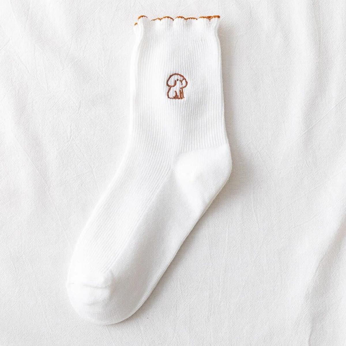Autumn and winter socks for women, embroidered puppy lace socks, student comfortable casual cute female socks, happy female sock