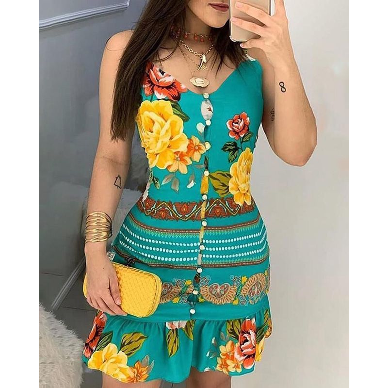 Bottoned Floral Butterfly Print Ruffles Dress