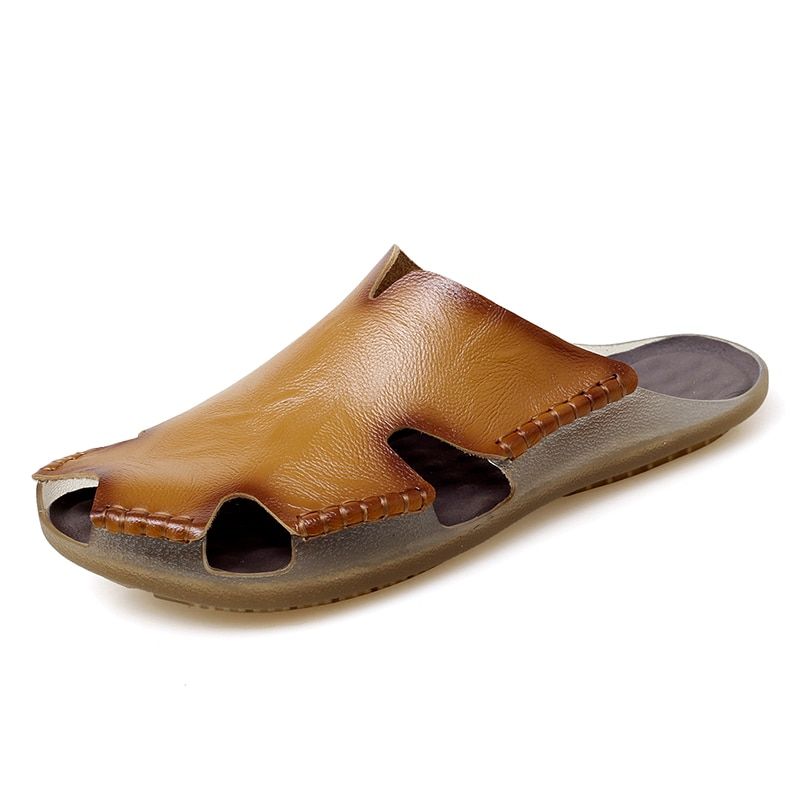 Susugrace Leather Men Sandals Casual Light Breathable Flats Male Shoes Summer Outdoor Daily Men Slippers  Plus Size 46