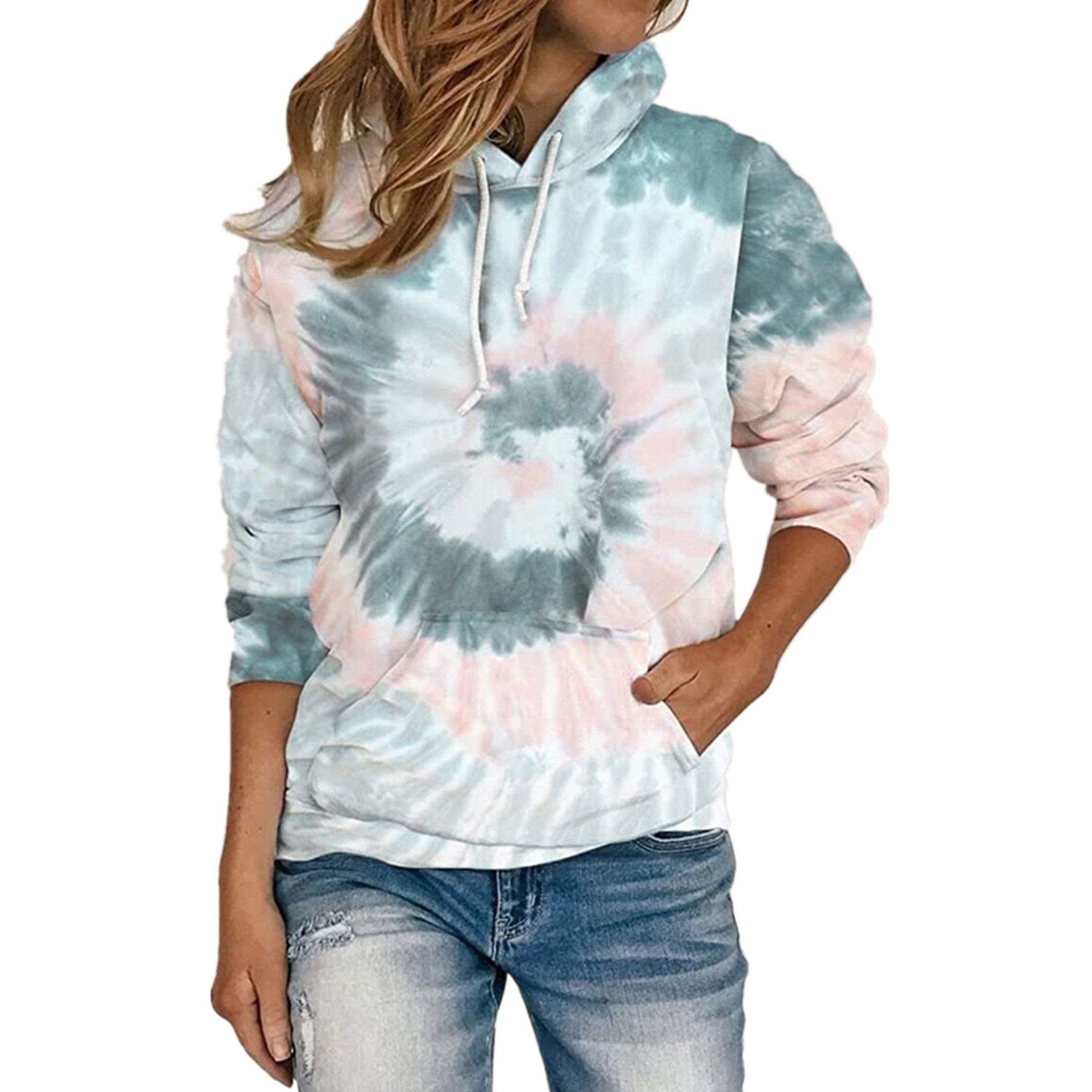 Female T-Shirt, Tie-Dye Print Long Sleeve Hooded Blouse Tops for Women, Purple/Gray/Green/Lake Blue