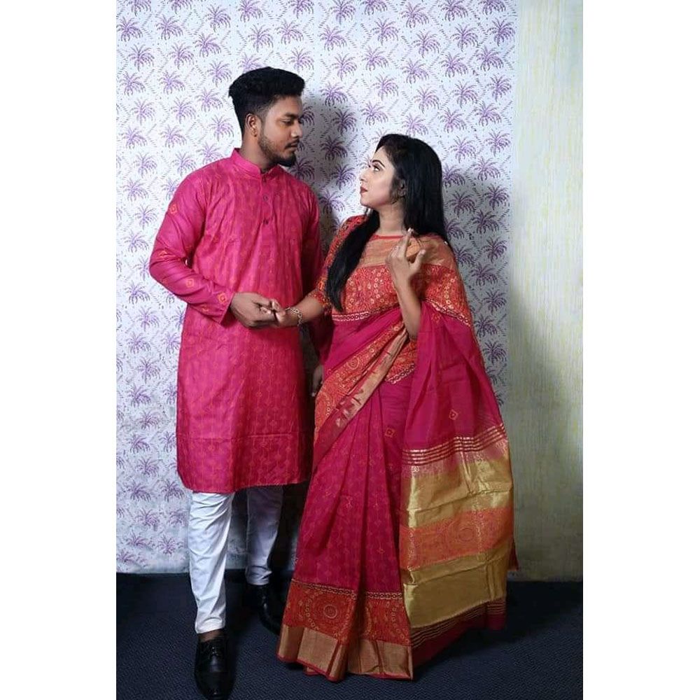 Exclusive Designer Block Print Half Silk Saree & Dhupian Silk Panjabi Combo For Couple Stylesh & fashionable best couple dress for man and women .