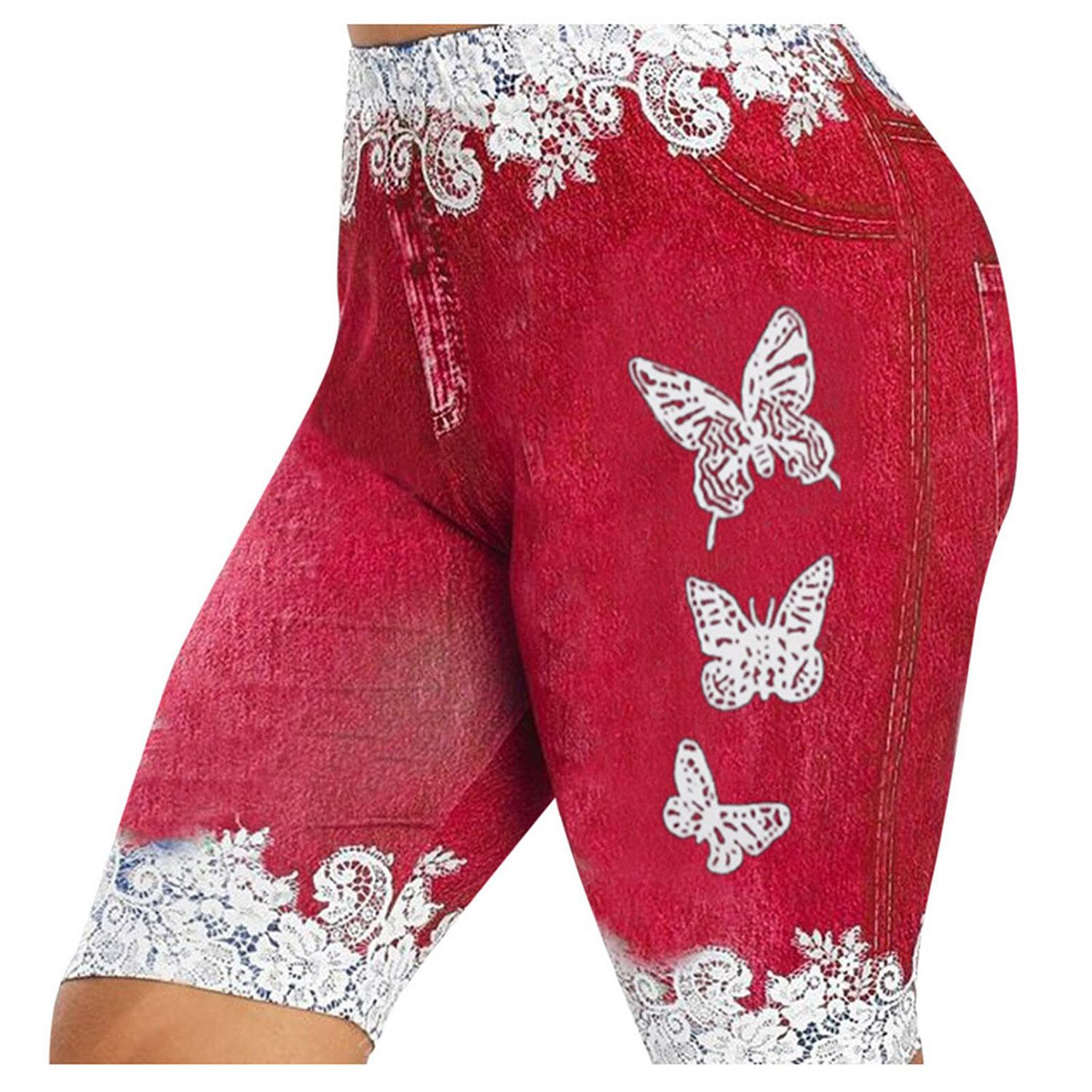 Plus Size Women Yoga Shorts Leggings Summer fa_ke Denim Ladies Short Pants Summer Floral Printed High Waist Female Shorts