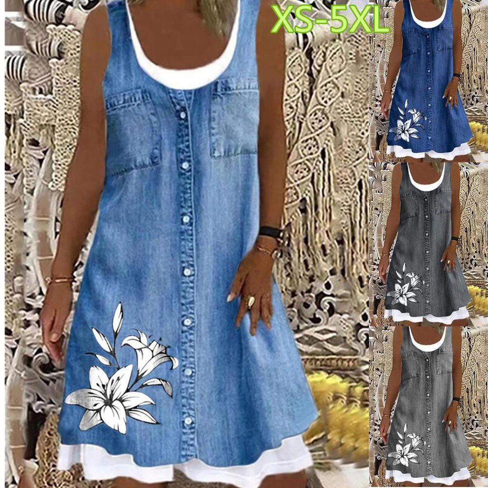 Women's Dress Summer New Fashion Women's Flower Denim Fake Two-piece Printed Casual Sleeveless Round Neck Dress Loose Plus Size Soft and Comfortable Summer Dress XS-5XL