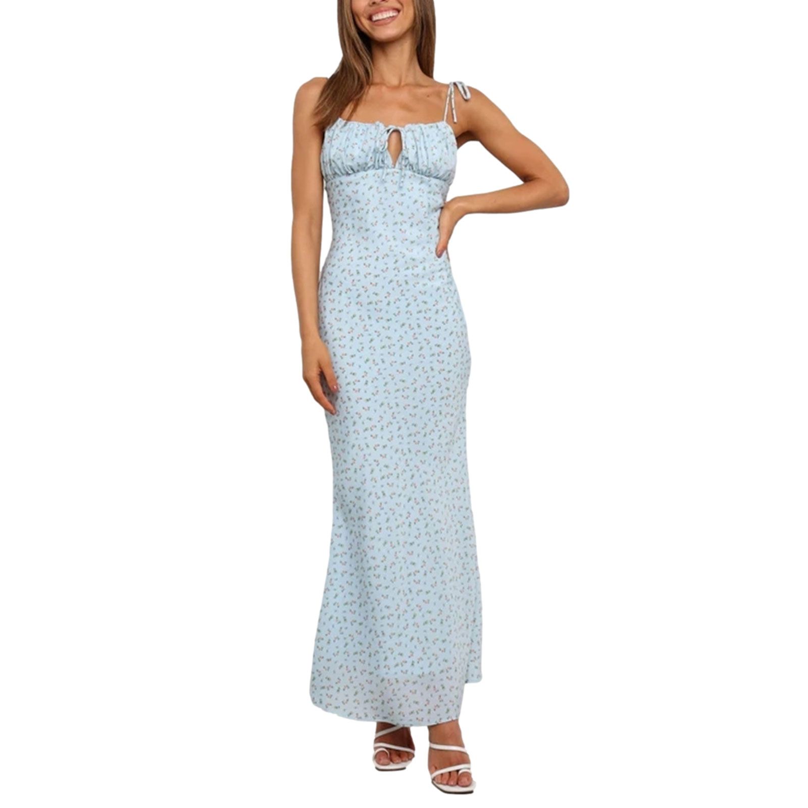 Women Summer Braces Skirt, Floral Tied Spaghetti Strap Sleeveless Full-Length Fishtail Slip Dress for Girls, 6 Colors