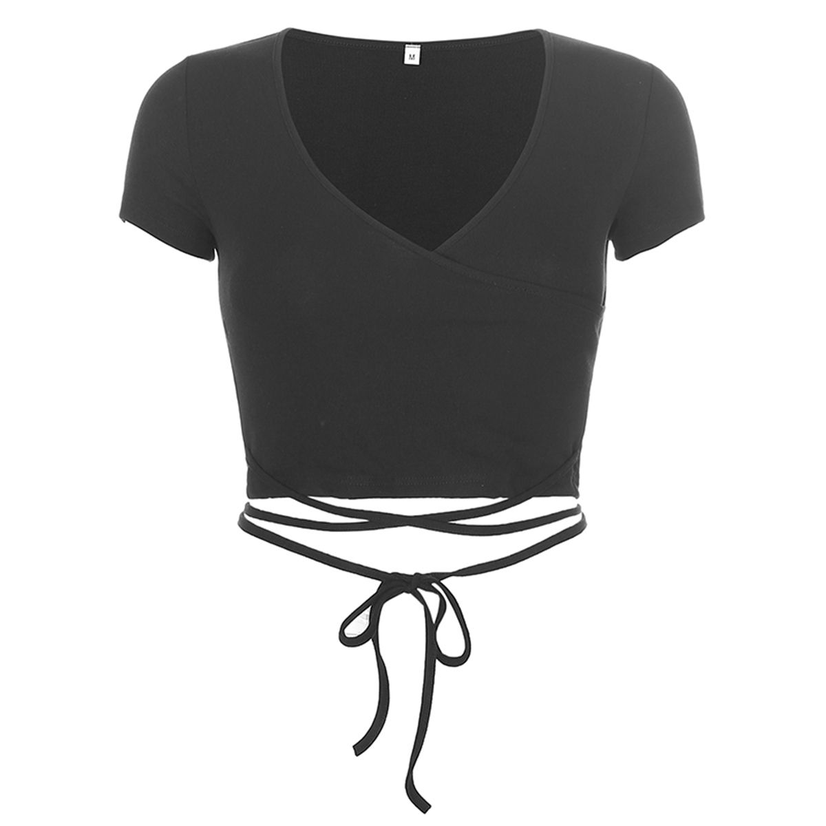 Women’s Short Sleeve T-Shirt Summer Fashion Sexy V-neck Cross Lace-up Slim Fit Crop Top Solid Color