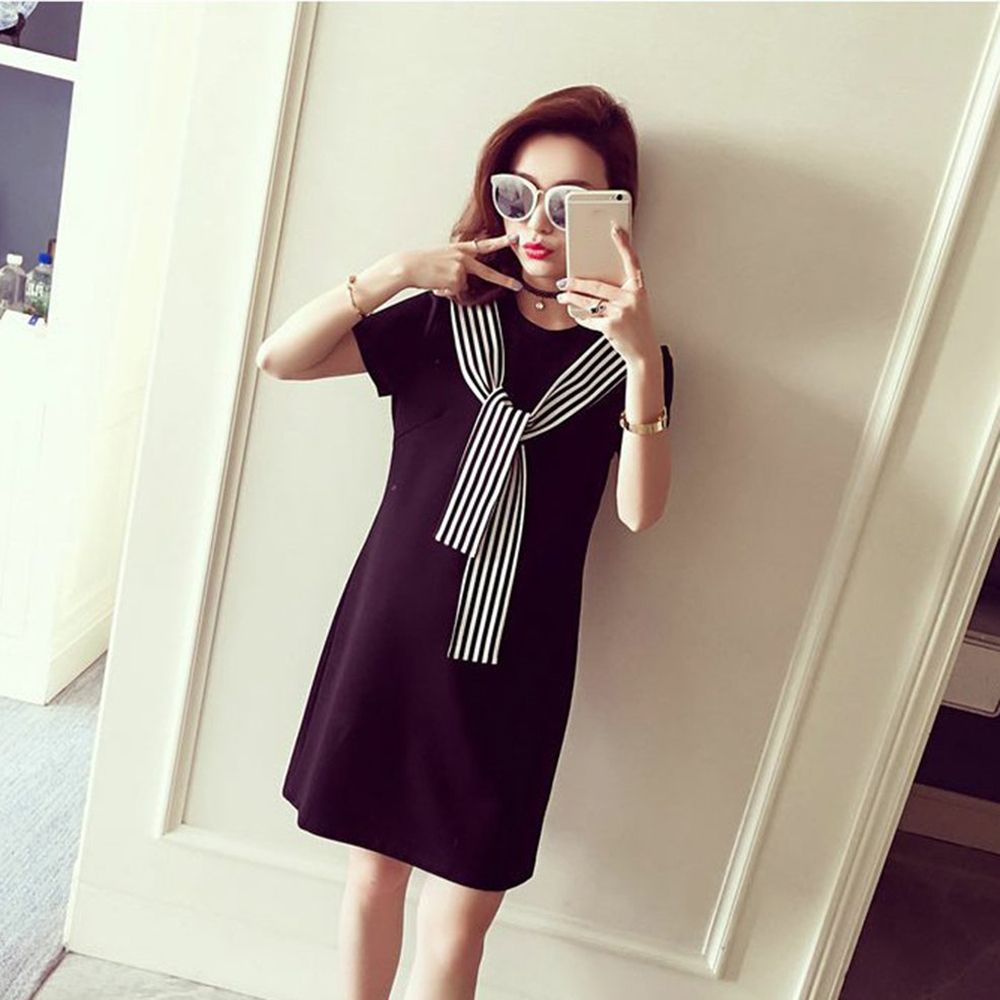 Female A-line Dress Short Sleeve Round Collar Fashion Summer Solid Color