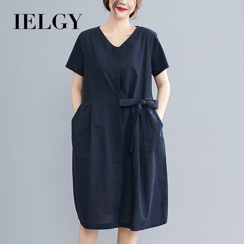 IELGY loose plus size women's short-sleeved solid color v-neck mid-length casual fashion slim dress