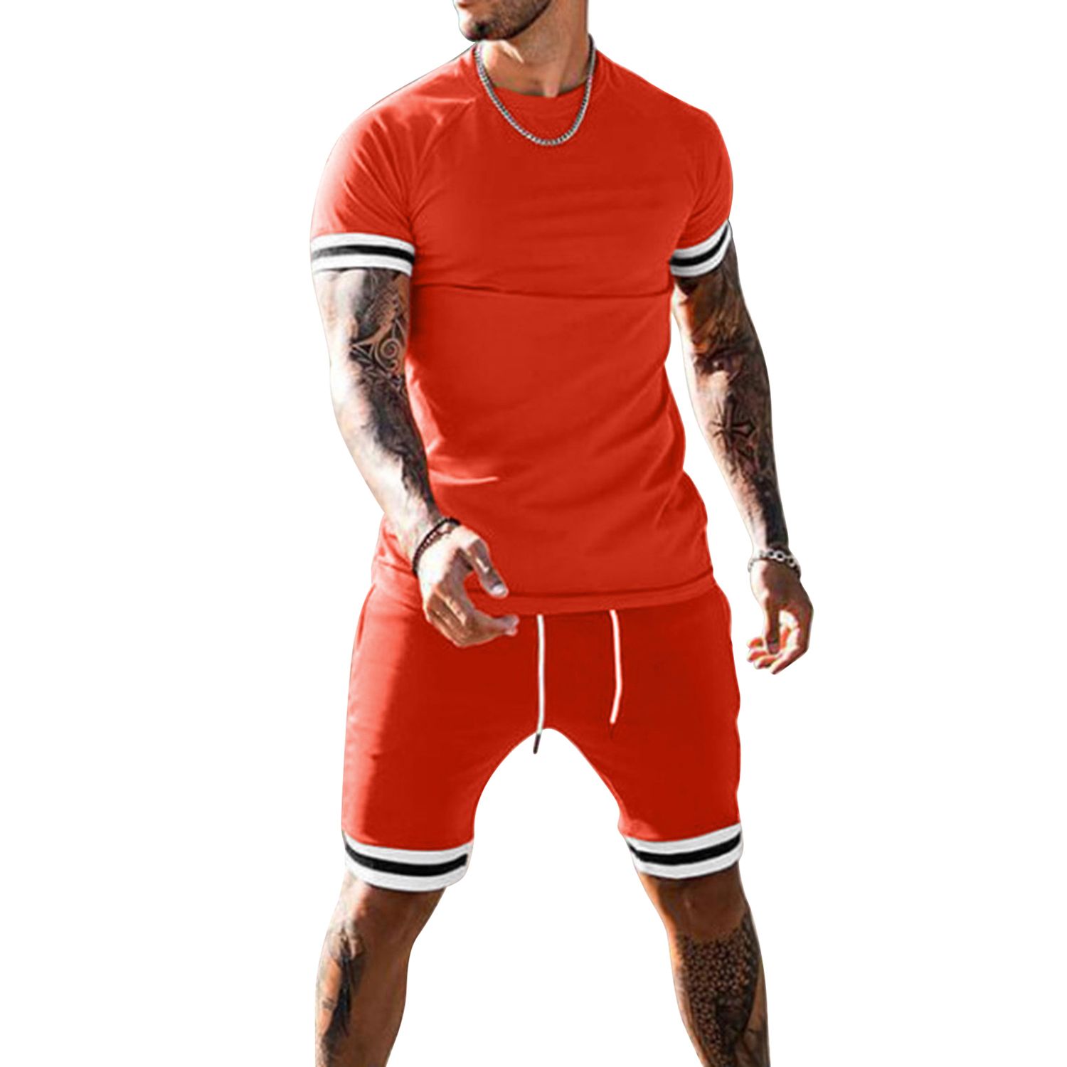 Men Casual Two-piece Clothes Set, Round Collar Short Sleeve T-shirt and Elastic Waist Shorts