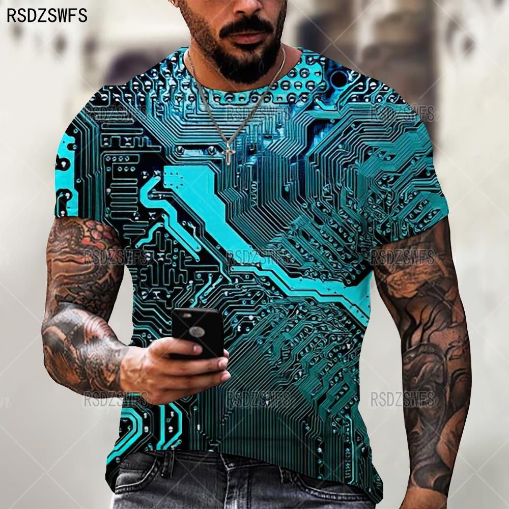 Hop Electronic C 3D MenT Shirt Summer Machine Printed Oversized T-Shirt Harajuku O-Neck Short Sleeve Tees Tops 5XL