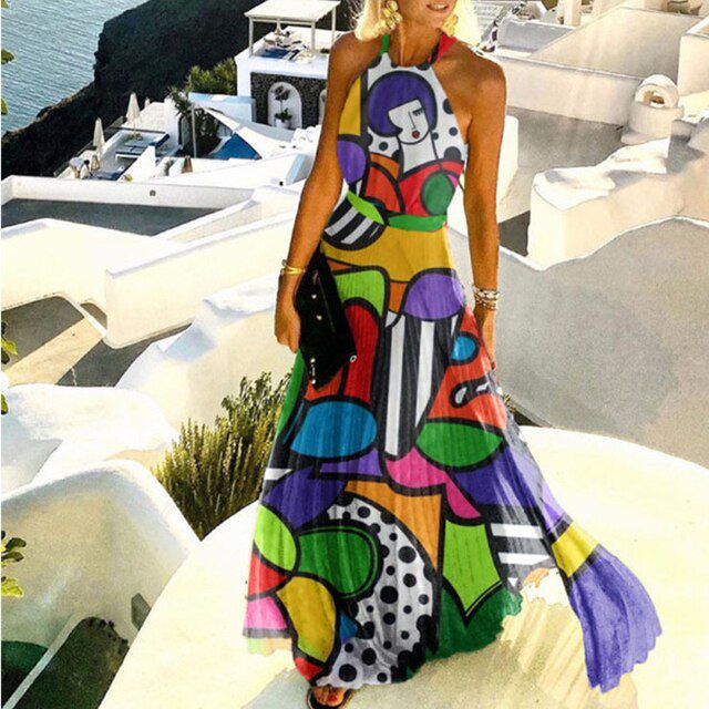 Women Off Shoulder Long Dress Women Dress Summer Sleeveless Halter Pleated Dress Female Elegant Vintage Print Pleated Robe