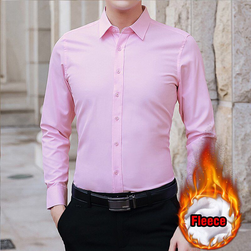 Winter Men's Business Warm Shirt Classic Style White Fashion Casual Solid Color Fleece Long-sleeved Shirt Male Brand Clothing