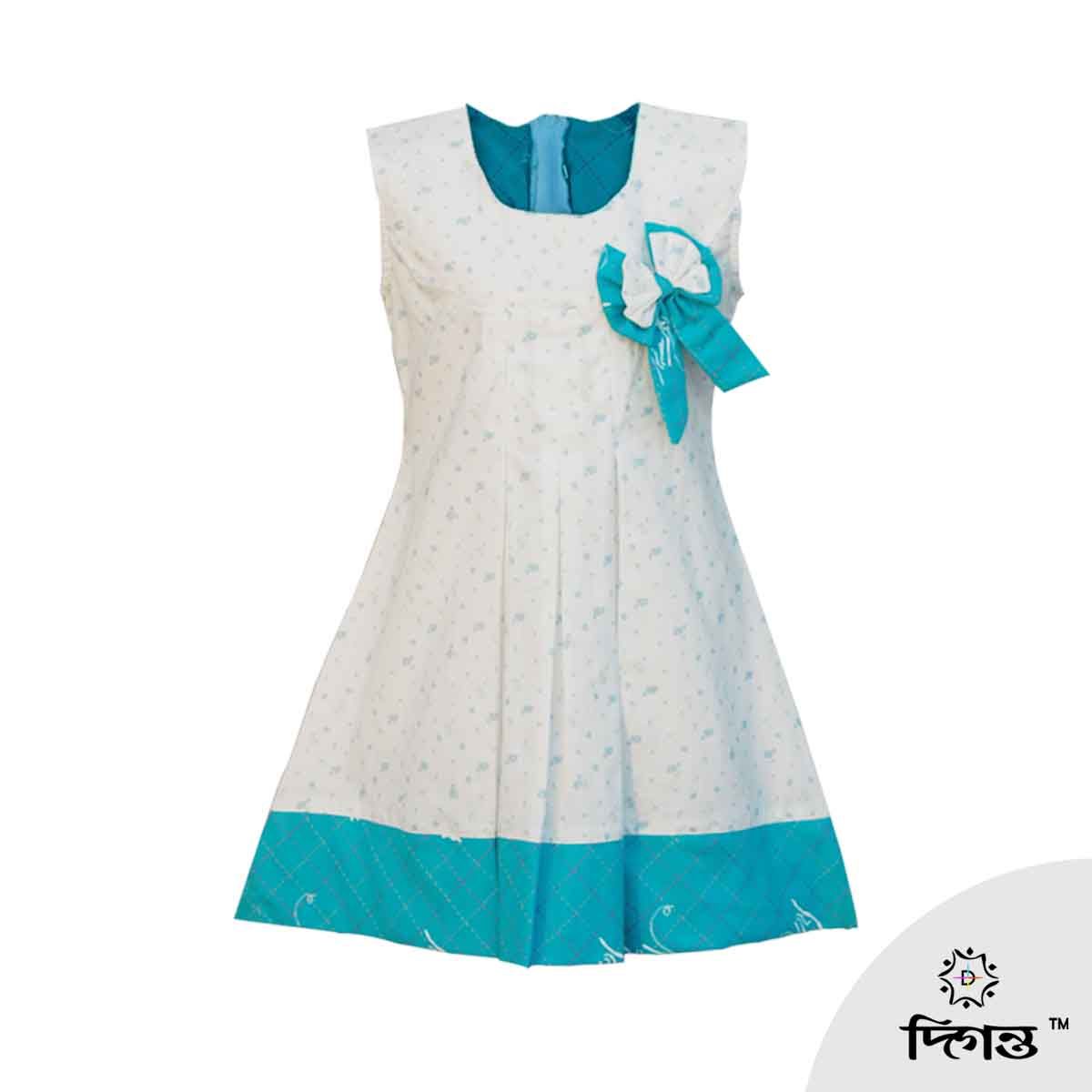 White M Blue Cotton Frock for Girls