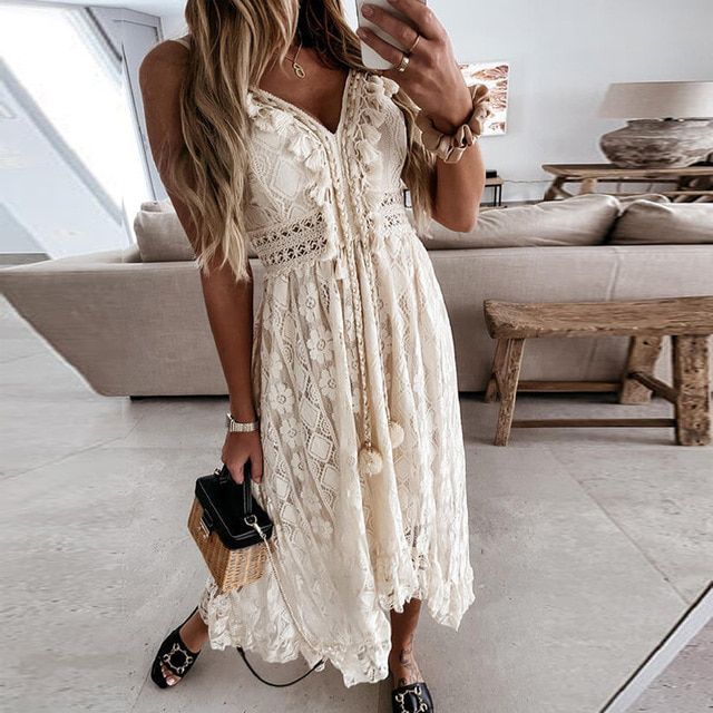 Summer Elegant Tassel V Neck Women Long Dress Fashion Sleeveless Strap Party Dress Hollow Out Crochet Lace Beach Dress