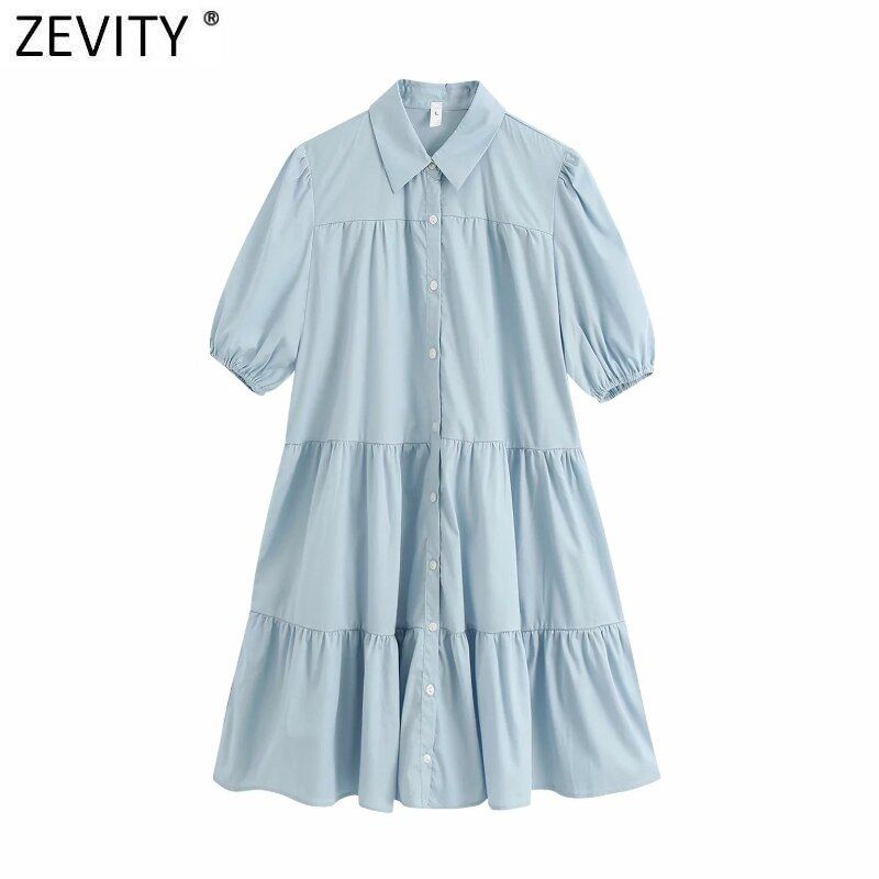 women simply solid color casual white shirtdress office lady puff sleeve pleats vestidos chic leisure big swing dresses DS3438