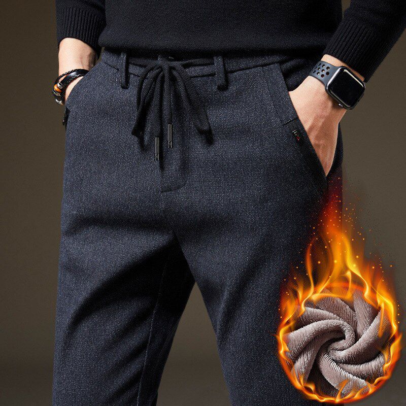 Men's Winter Fleece Warm Casual Pants Classic Style Thick Cotton Straight-leg Trousers Male Men Clothing