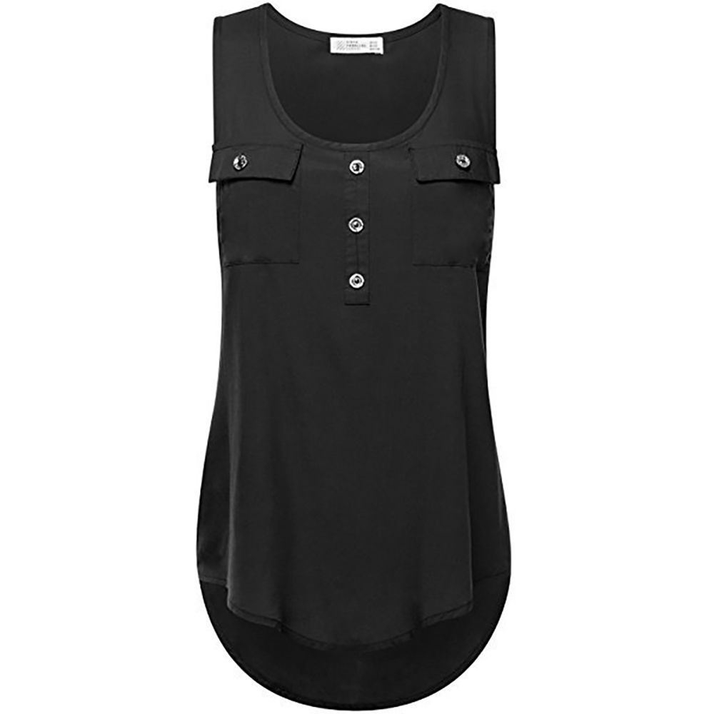 Women Neck Sleeveless Pockets Buttons Tank Top Vest