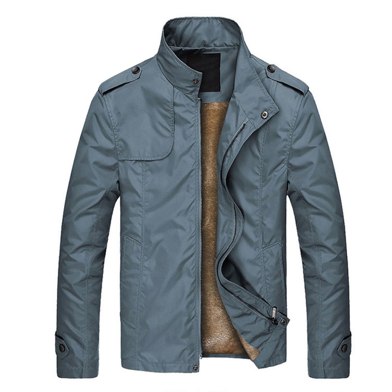 Jacket Coat Solid Color Zipper Closure Stand Collar Men Coat