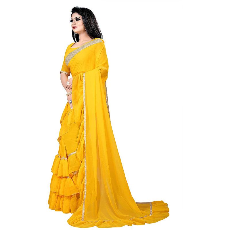 Anjaneya Sarees Women's Georgette Ruffle Frill Saree with Blouse By Sharee Ghar