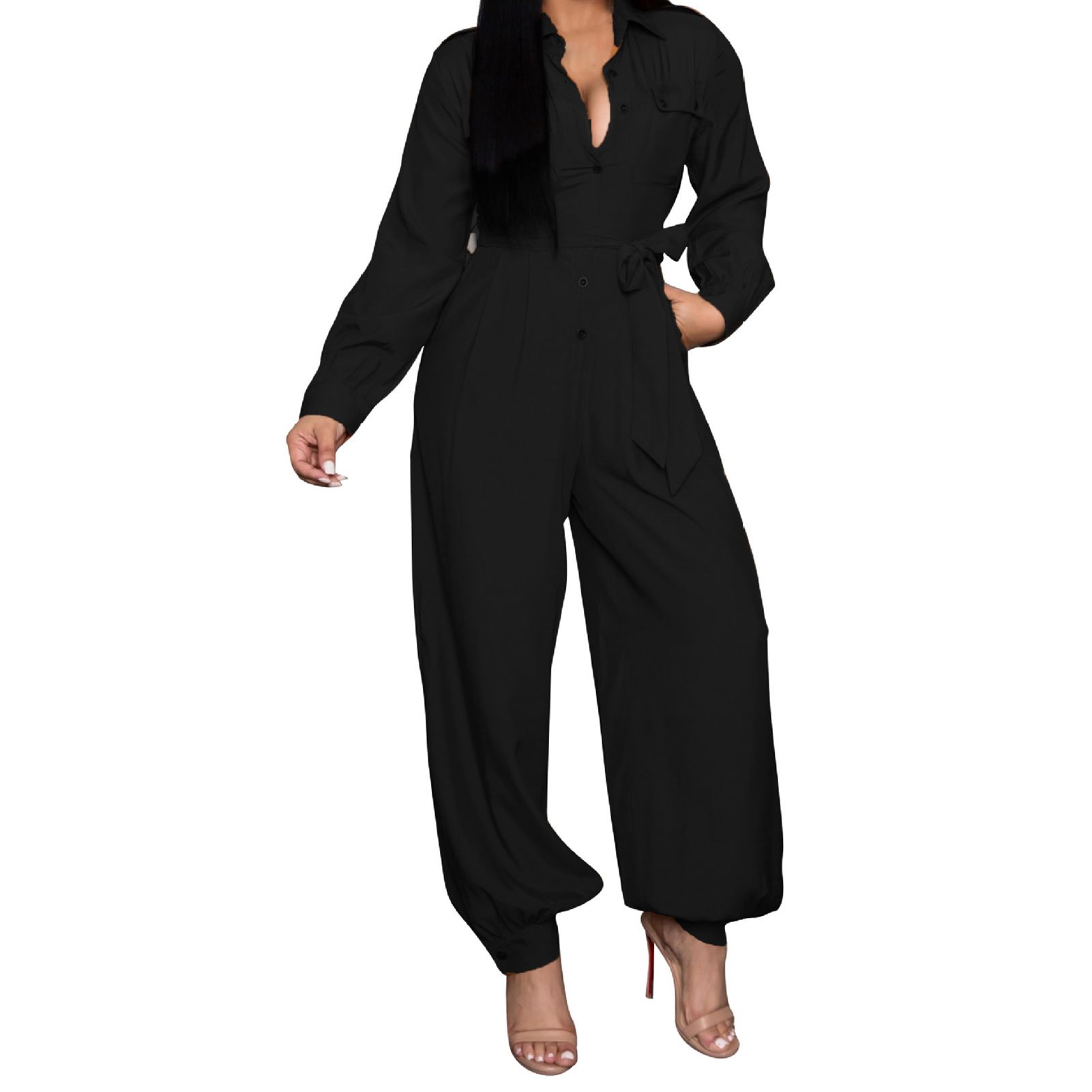 Jumpsuit Pocket Lapel Ankle Tied Jumpsuit