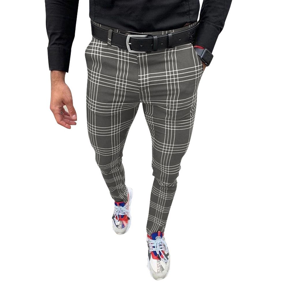 Yfashion Men  rousers British Style Plaid Pattern Zipper Placket -fit Straight Casual Pants color